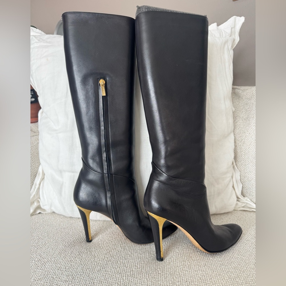 Jimmy Choo Black Leather Heeled Boots with Gold Accents